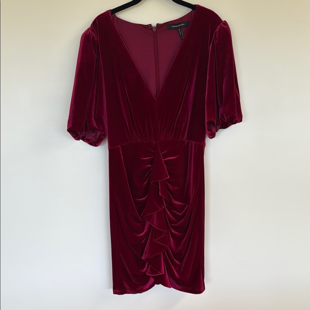 BCBG Red Puff Sleeve V-Neck Sheath Mini Dress